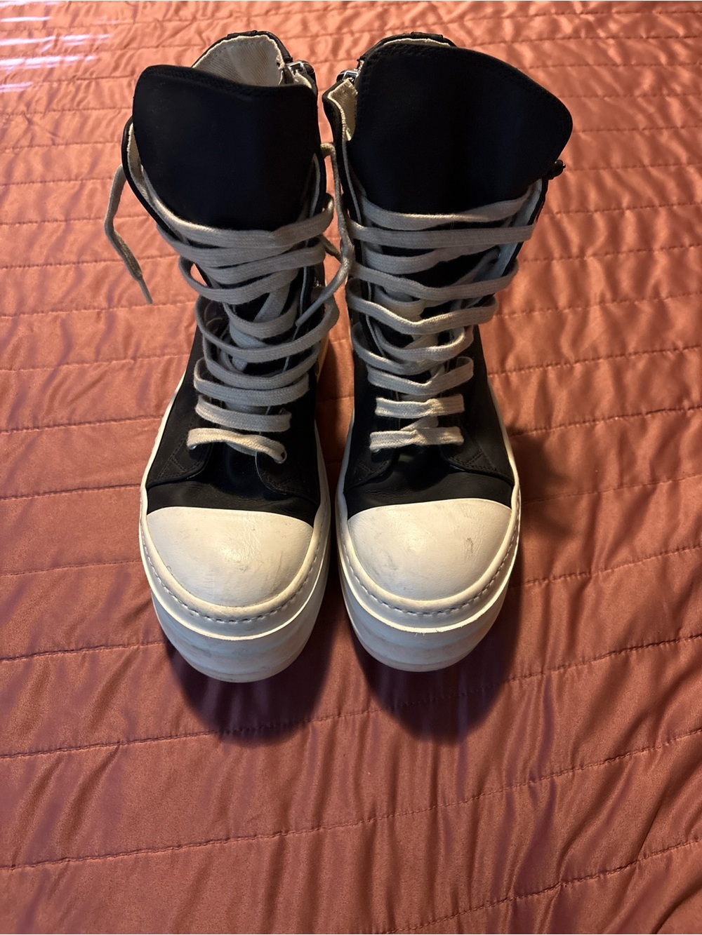 Rick Owens Black High-Top Platform Sneakers with White Soles